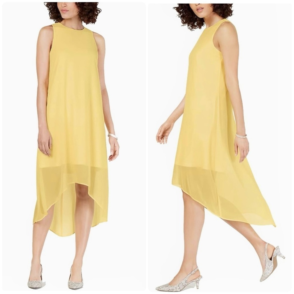 Alfani Women's High-Low Dress Butter Yellow Sleeveless Sheer Shift Dress Sz 12